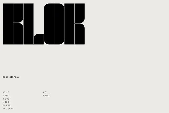 Blok typeface specimen, minimal, technical, monochrome