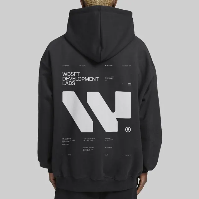Black hoodie with white geometric logo and text, minimal, geometric, dark