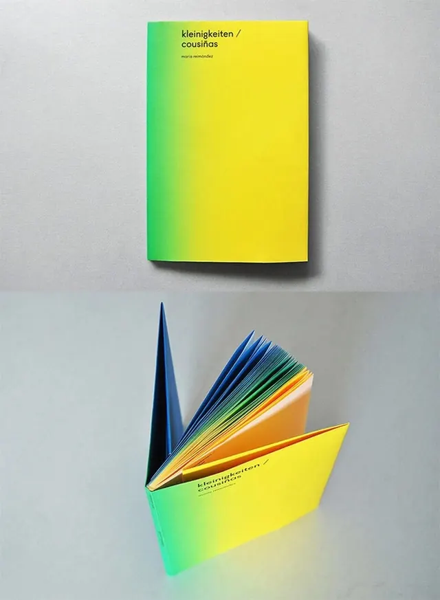 Vibrant gradient book cover and fan swatch mockup, gradient-heavy, playful, vibrant