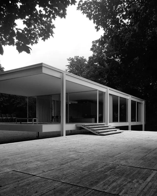 Mid-century modern pavilion in black and white, minimal, photographic, monochrome