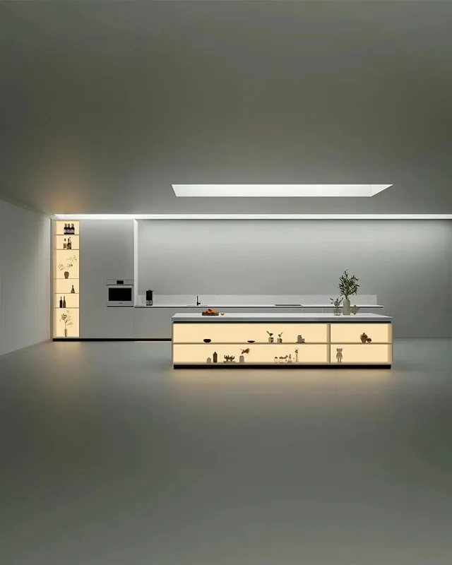 Minimalist kitchen furniture with display shelving, minimal, 3d-render, light