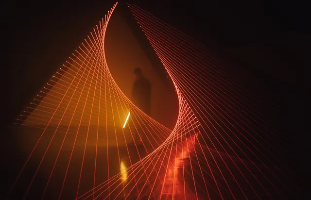 Wireframe sculptural installation with neon light, 3d-render, technical, dark