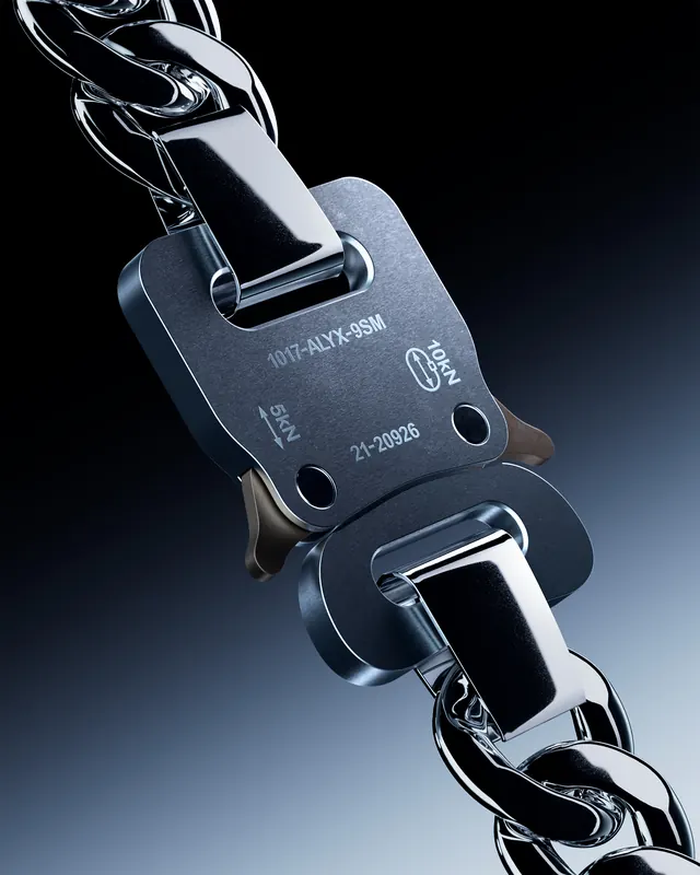 ALYX metal carabiner necklace close-up render, 3d-render, technical, dark