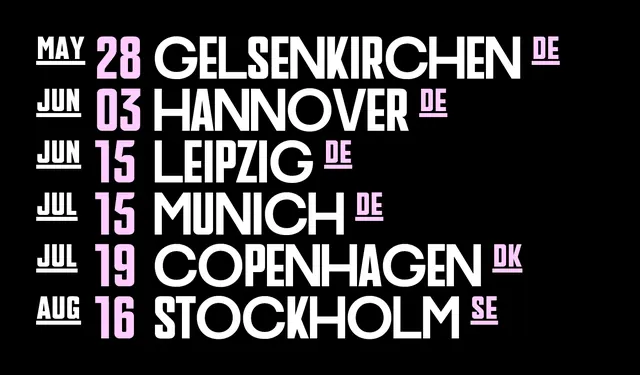 Tour dates typography specimen on dark background, swiss, technical, dark