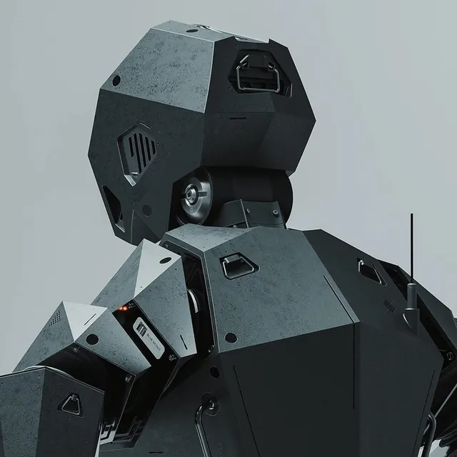 Modular robotic head sculptural design, technical, geometric, monochrome