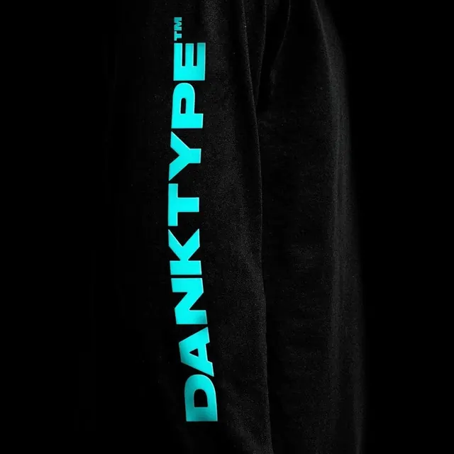 Neon cyan vertical wordmark on dark textile, dark-mode, neon, dark