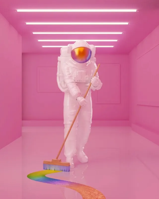 Astronaut with broom in neon pink room, 3d-render, gradient-heavy, vibrant