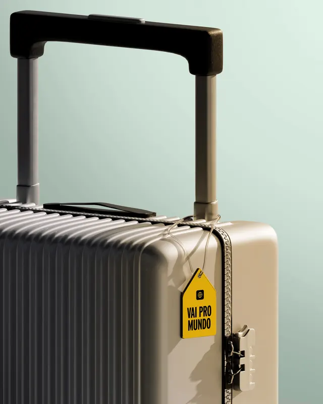 Nomad luggage with beige tones, minimalist, photographic, light