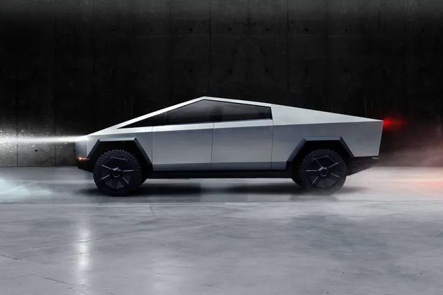 Cybertruck product render in futuristic garage, 3d-render, technical, dark