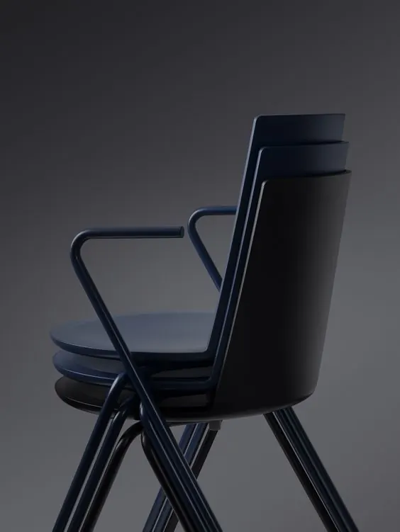 Stacked navy chairs with angled legs, 3d-render, minimal, dark