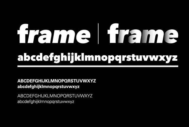 Frame typeface specimen with weight variations, minimal, technical, dark