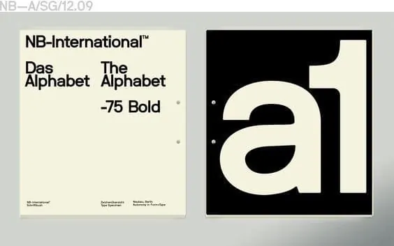 NB-International font family specimen sheet with bold letter samples, minimal, technical, light