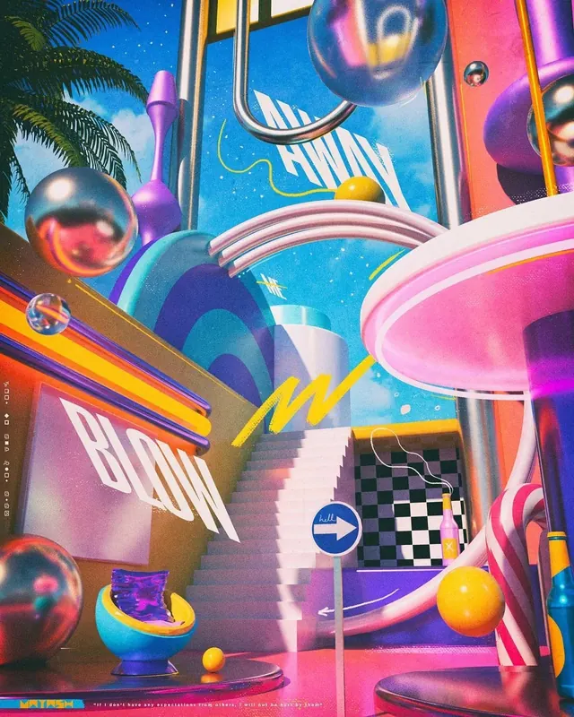 Vibrant 3D abstract surreal scene, 3d-render, maximalist, vibrant