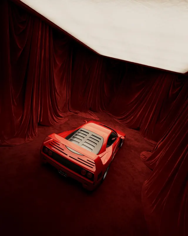 Red Ferrari with theatrical red fabric backdrop, 3d-render, photographic, warm