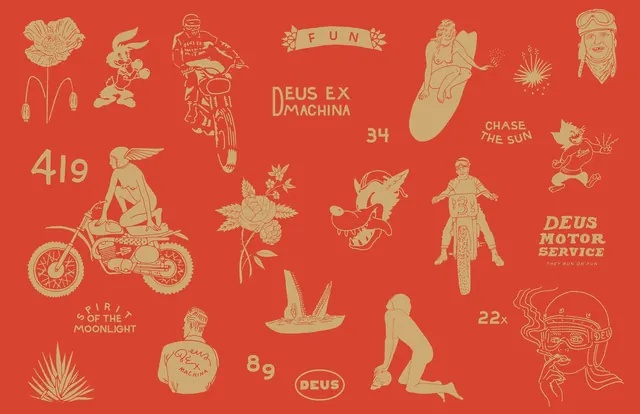 Deus Ex Machina brand pattern design, illustrated, playful, vibrant