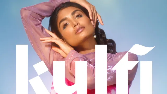 Fashion beauty portrait with gradient text overlay, photographic, editorial, vibrant