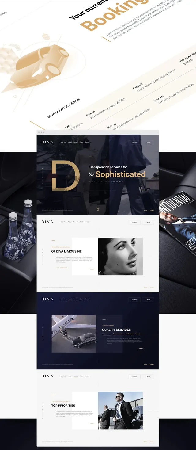 Luxury brand website multi-page mockup collage, editorial, luxury, dark