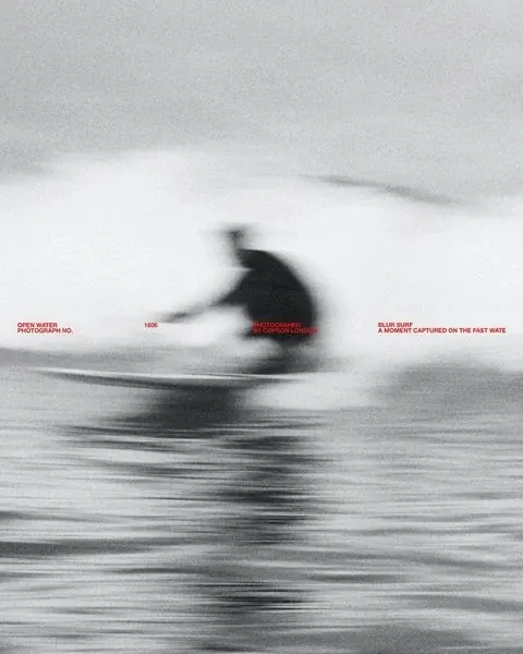 Motion-blurred figure with typographic overlay, photographic, minimal, monochrome