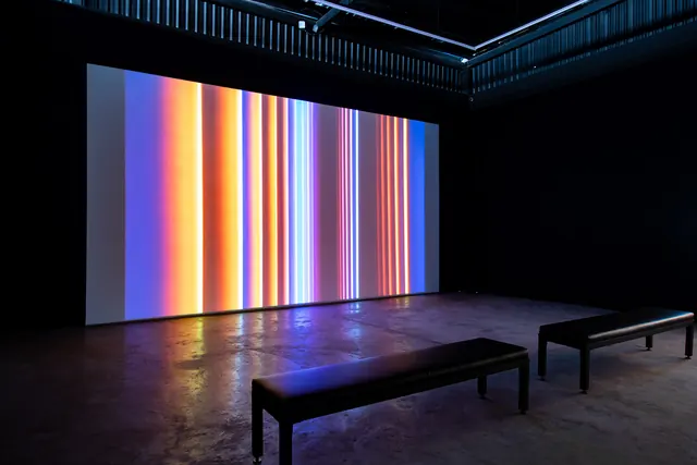 Full-spectrum gradient light art installation, technical, data-dense, vibrant