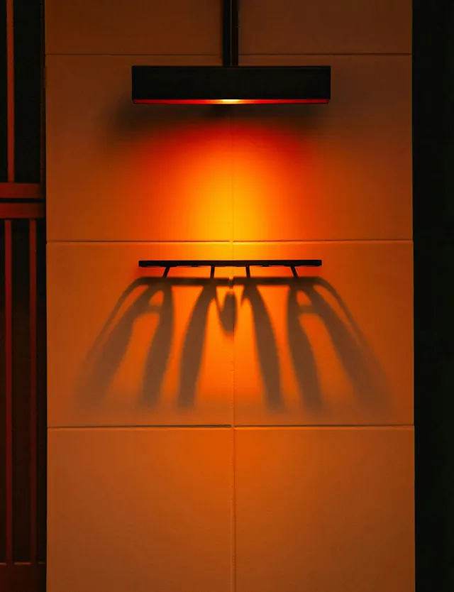 Neon light installation with architectural elements, technical, 3d-render, warm