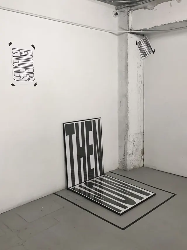 Geometric installation art with striped typography, brutalist, geometric, monochrome