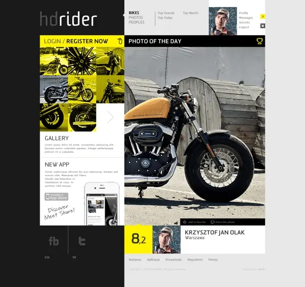 HDRider motorcycle enthusiast platform, bold, photographic, dark