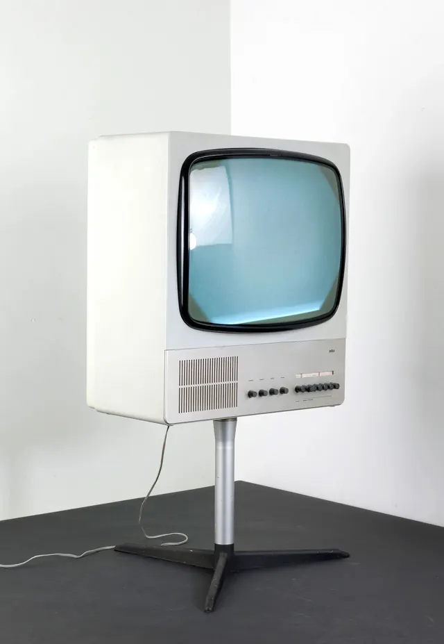 Vintage Philips television set on stand, photographic, minimalist, light