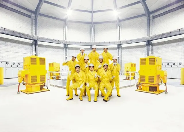 Yellow Industrial Robots in Dome, 3d-render, technical, vibrant