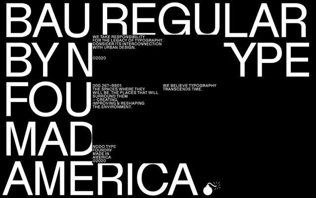 Bau Regular typeface specimen with manifesto text, editorial, technical, dark