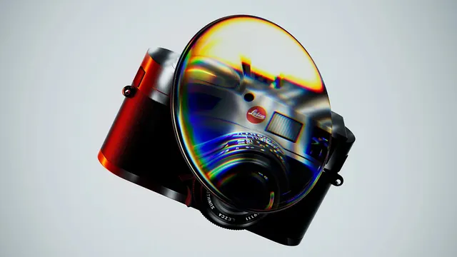 Leica camera product shot chromatic aberration, technical, playful, vibrant