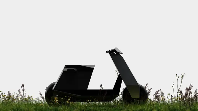 Sculptural black art car in overgrown field, 3d-render, abstract-graphic, monochrome