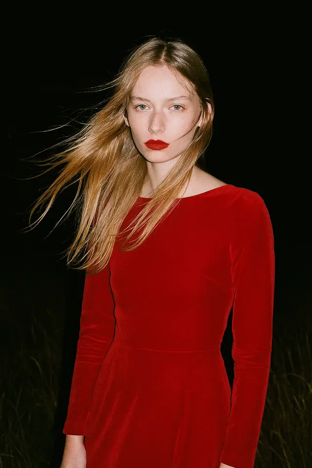 Portrait photograph – woman in red, side profile, photographic, dark-mode, dark