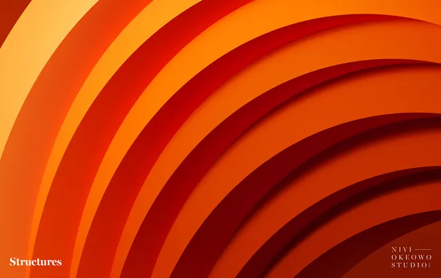 Concentric colored stripes with "Structures" text, abstract, gradient-heavy, warm