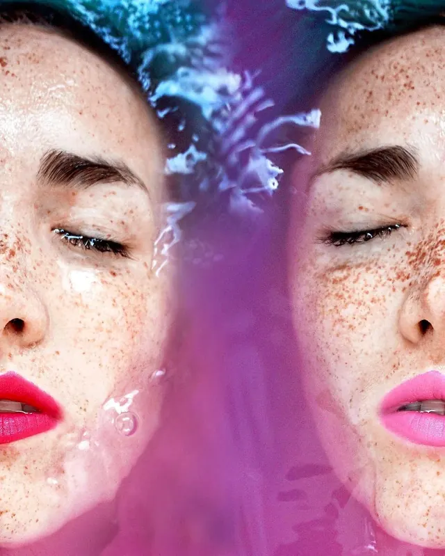 Double Portrait with Water and Pink Tones, organic, photographic, vibrant