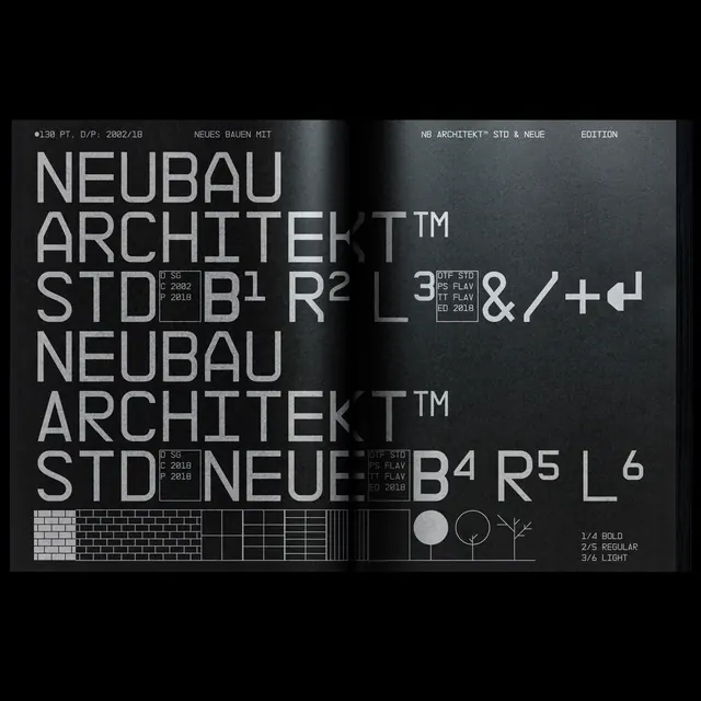 Neubau Architekt typeface specimen spread with technical details, technical, minimal, dark