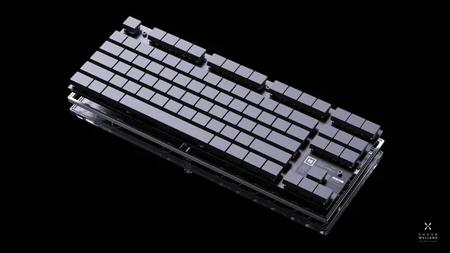 Ghost mechanical keyboard product design render, 3d-render, minimal, light