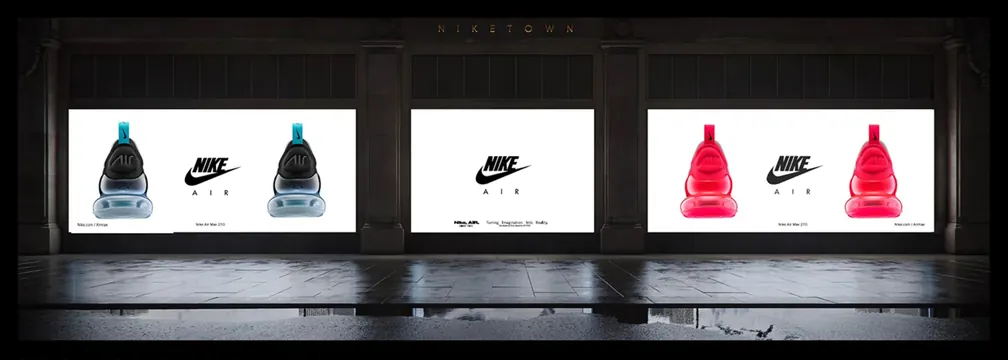 Nike Air Max Day retail display campaign, dark-mode, minimal, dark