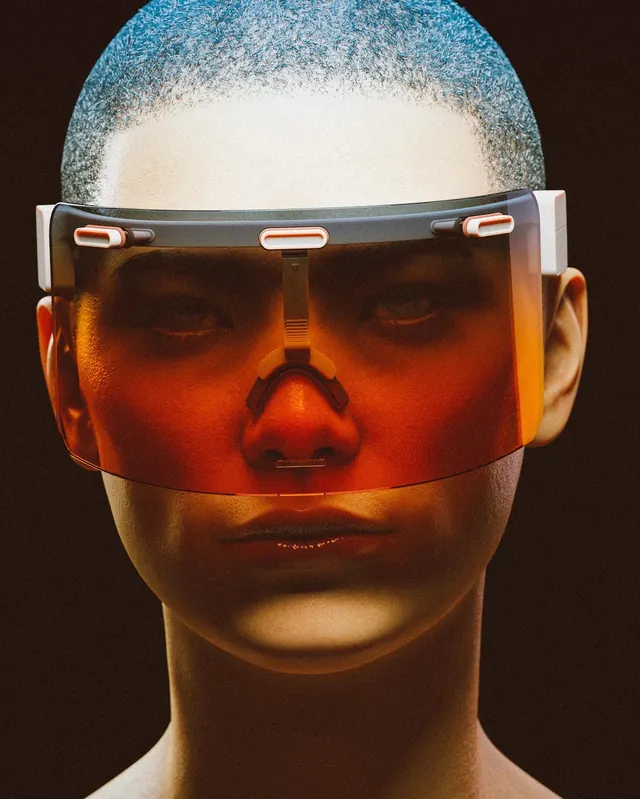 Futuristic VR headset color-block portrait, photographic, technical, vibrant