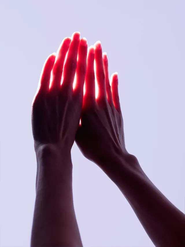 Neon hands silhouette with backlighting, artistic, minimal, neon