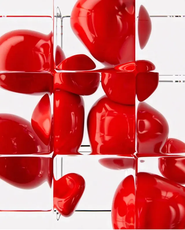 Abstract 3D red geometric composition with grid overlay, 3d-render, abstract, vibrant