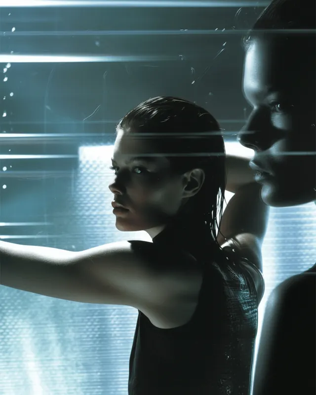 Sci-fi portrait with digital glitch effects, photographic, technical, dark