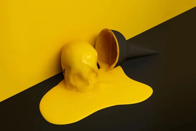 Yellow Melting Skull Composition, abstract, 3d-render, high-contrast