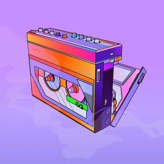 Colorful isometric 3D cassette tape illustration, 3d-render, illustrated, vibrant