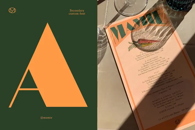 Identity design split: geometric 'A' logo and editorial spread for restaurant 'Mâmie, editorial, minimal, earthy