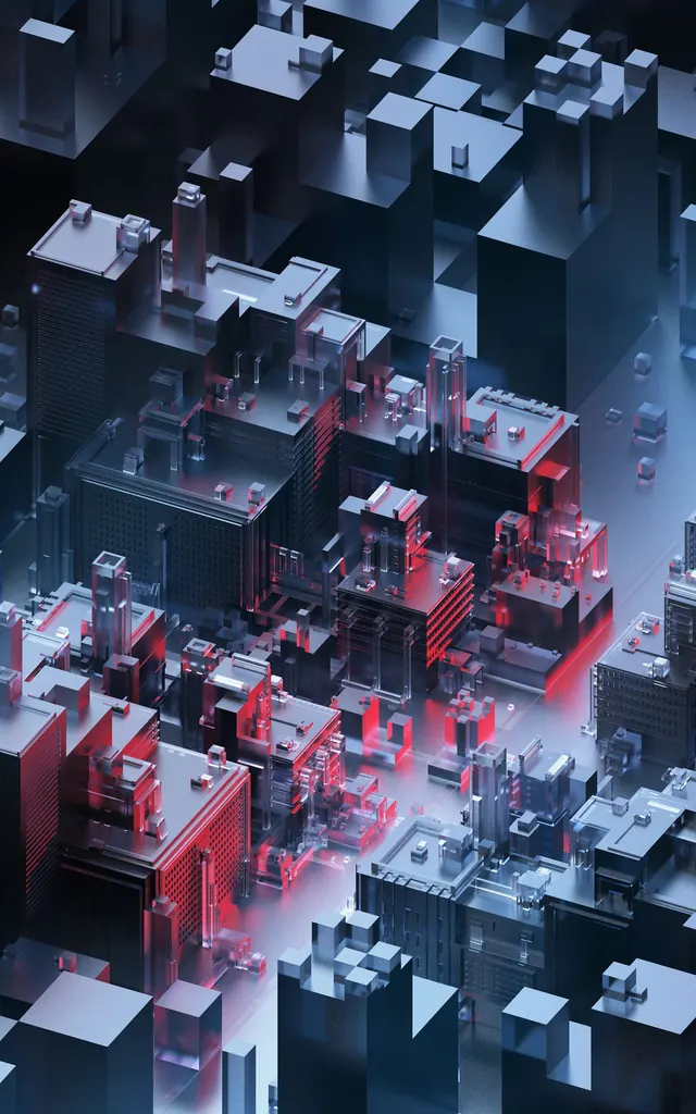 3D isometric cityscape with neon red and cool blue lighting, 3d-render, technical, cool