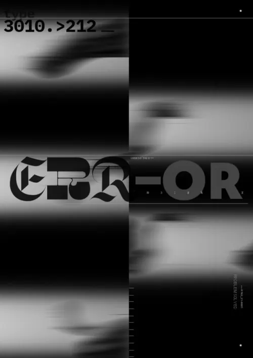 Abstract Glitch Typography, brutalist, dark-mode, monochrome