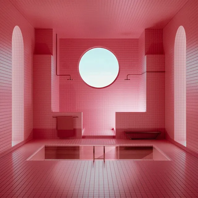 Monochromatic Pink Interior Render, minimal, geometric, vibrant