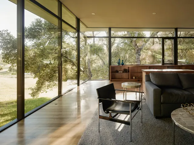 Modern Interior Architecture with Floor-to-Ceiling Windows, minimal, luxury, warm