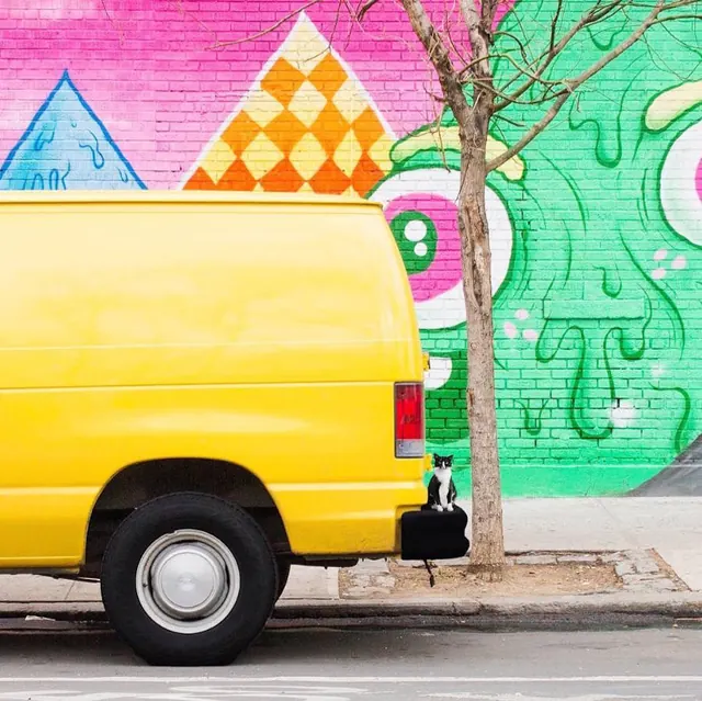 Yellow Van and Graffiti Mural, maximalist, vibrant