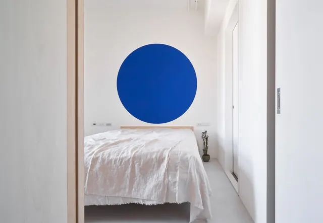 Minimalist Bedroom Interior with Blue Circle, minimal, light-mode, light